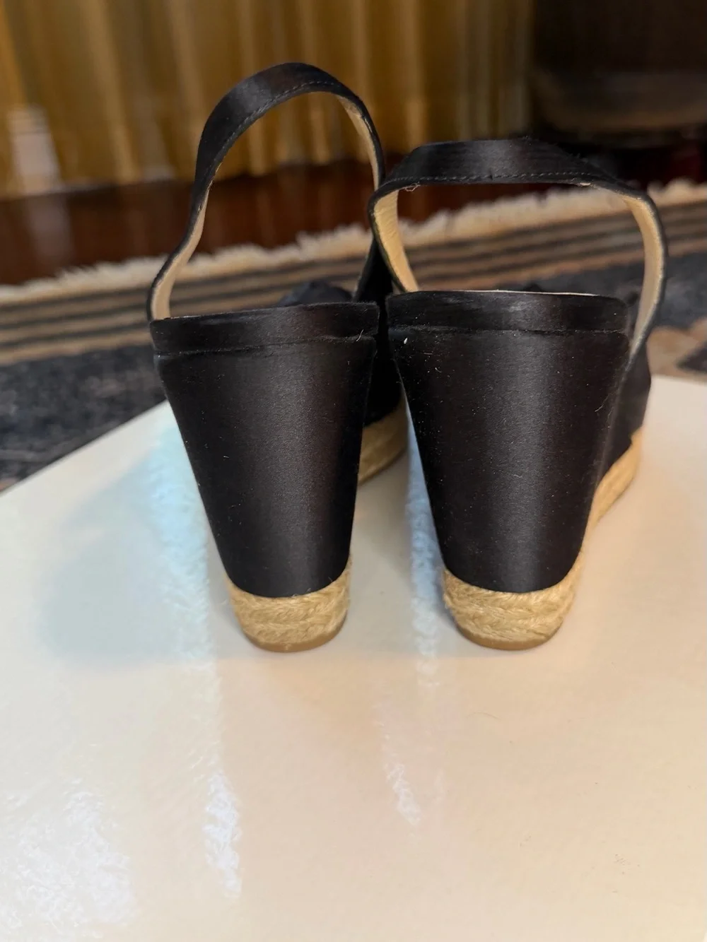 Prada Black Satin Slingback Espadrille Wedges with Rosette